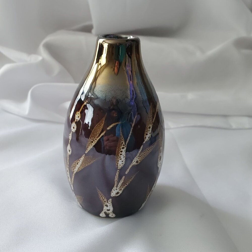 VTG Ceramic 5" Vase With Metallic Finish Brown with Wheat Design Bud Vase - Picture 8 of 12